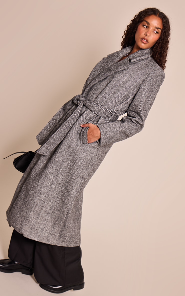 Black Herringbone Tie Waist Maxi Coat image 1