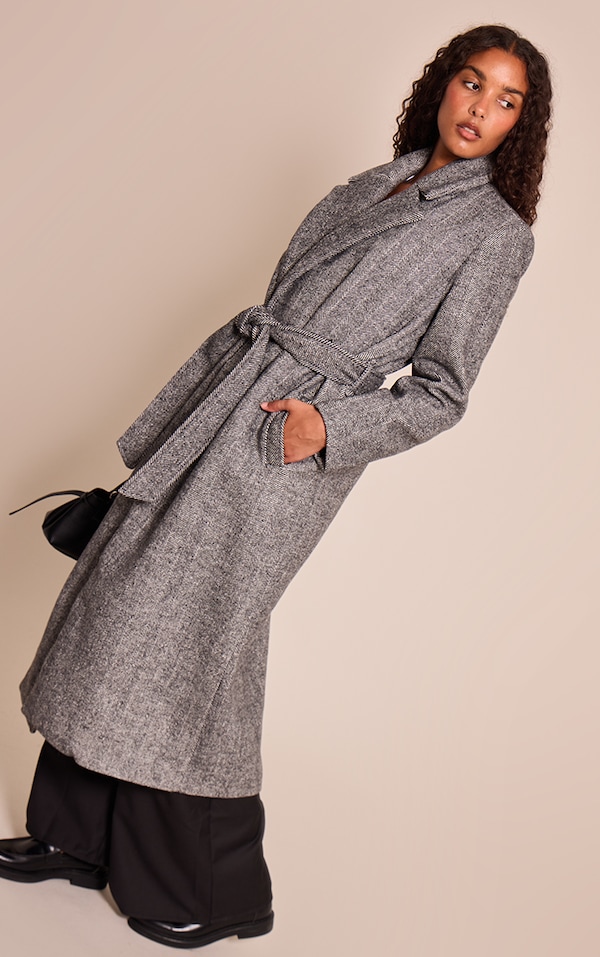 Black Herringbone Tie Waist Maxi Coat