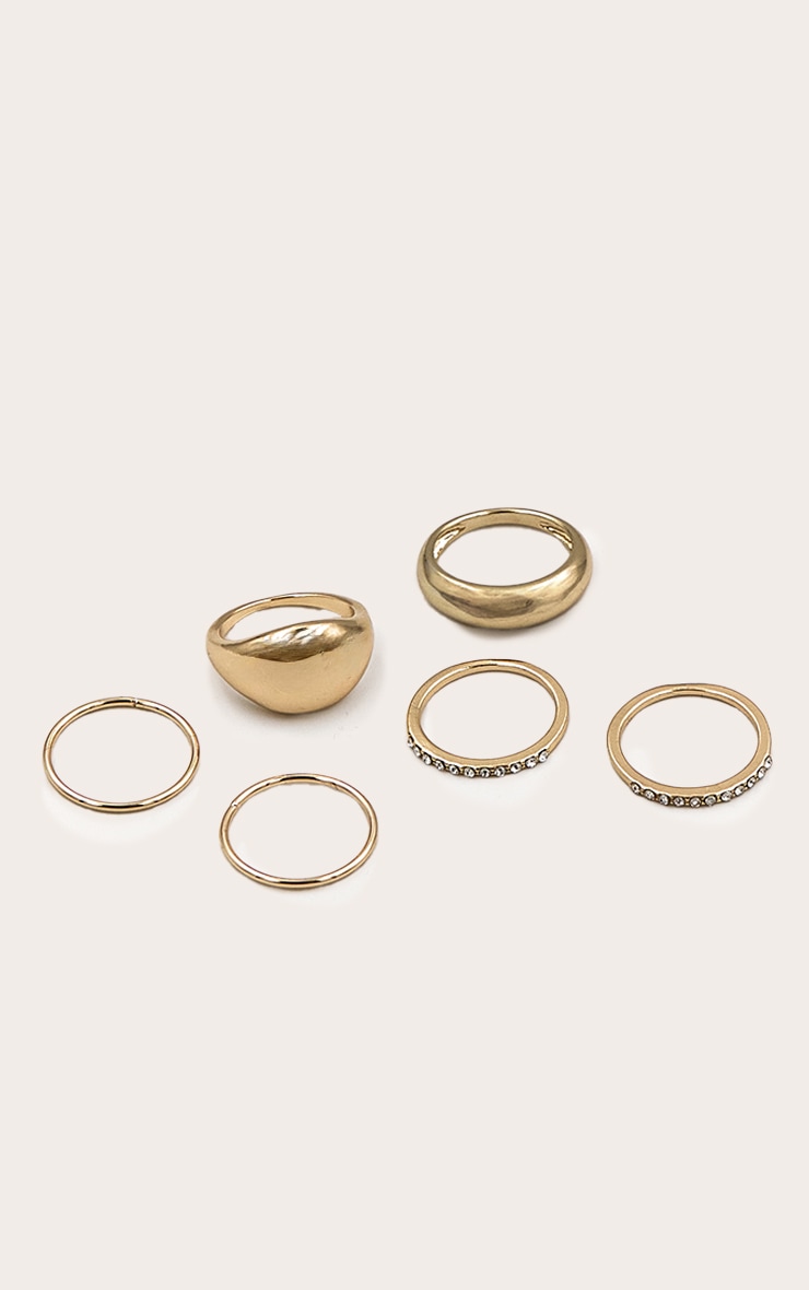 Gold Simple Curved Diamante 6 Ring Pack image 1