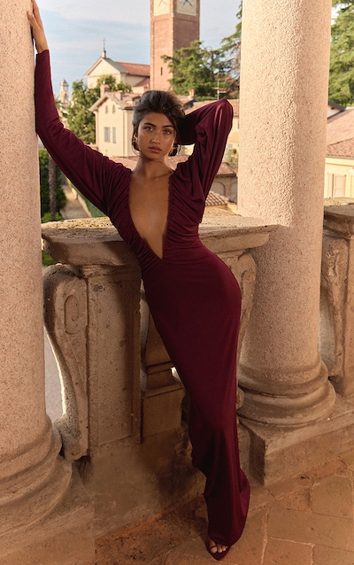 PLT Label Mulberry Slinky Ruched Plunge Batwing Maxi Dress
