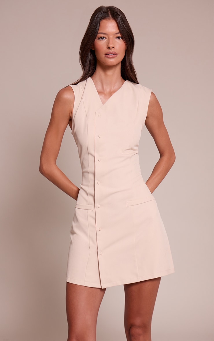 Cream Tailored Asymmetric Button Down Shift Dress image 1