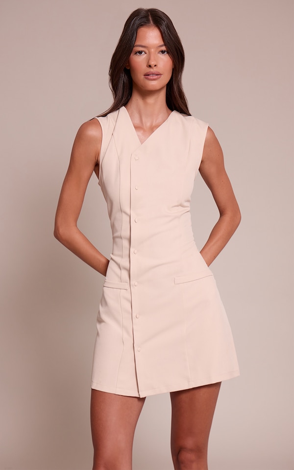 Cream Tailored Asymmetric Button Down Shift Dress