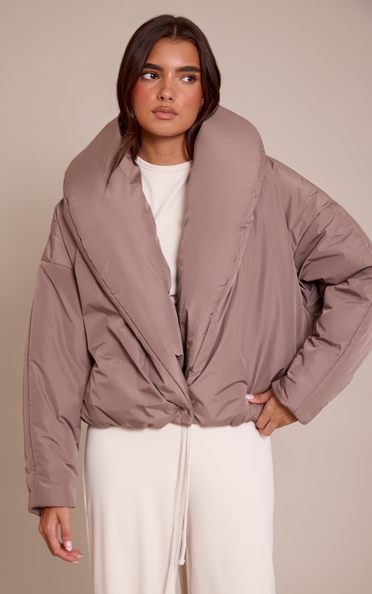 Taupe Exaggerated Collar Shell Puffer Jacket