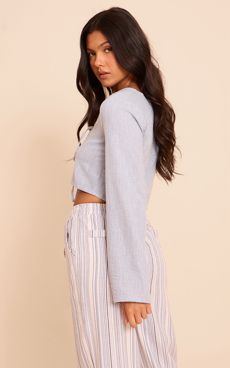 Light Blue Textured Tie Front Detail Blouse image 2