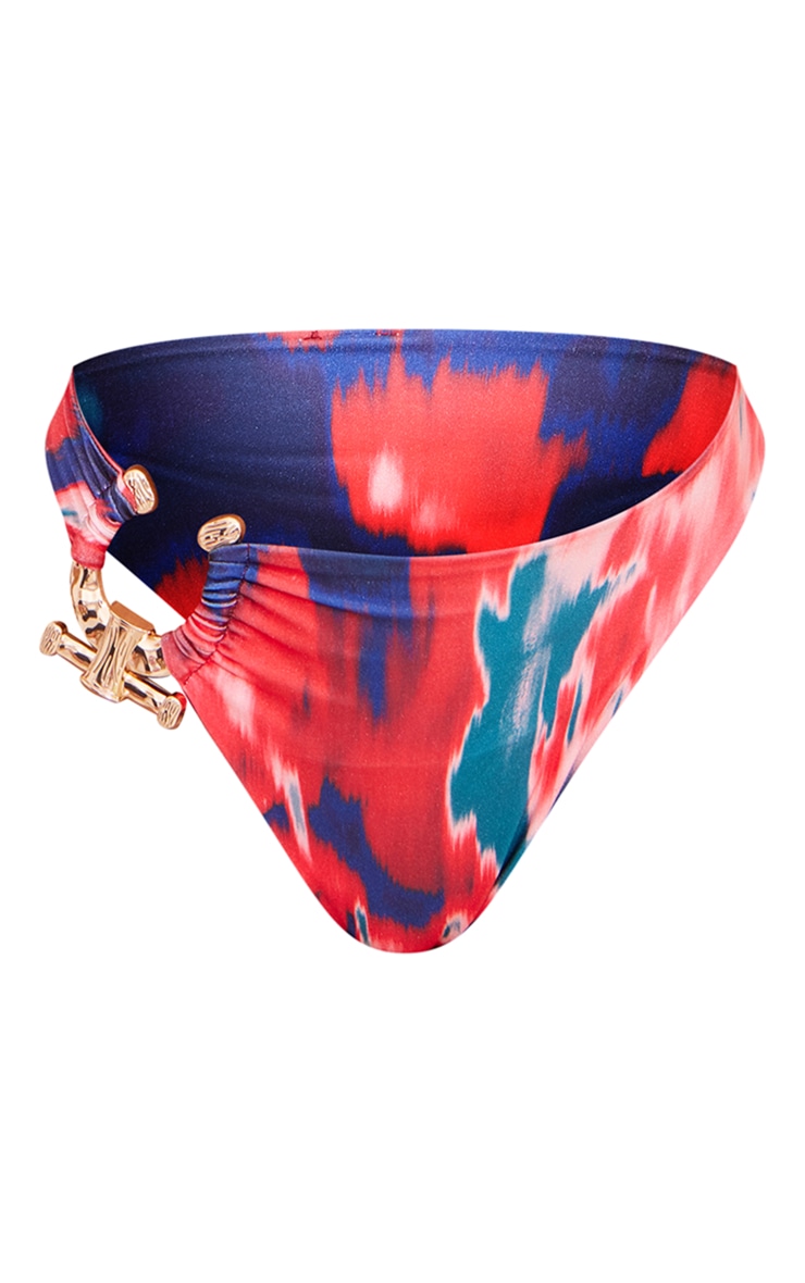 Red Tie Dye Print Hammered Side Trim Bikini Bottom image 5