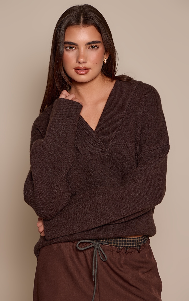 Chocolate Ribbed Collar V Neck Slouchy Sweater  image 1