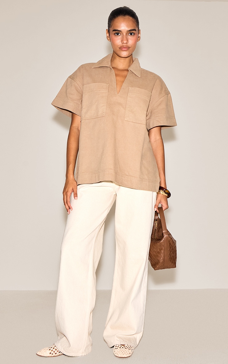 Stone Boxy Pocket Detail Short Sleeve Denim Rugby Shirt image 3