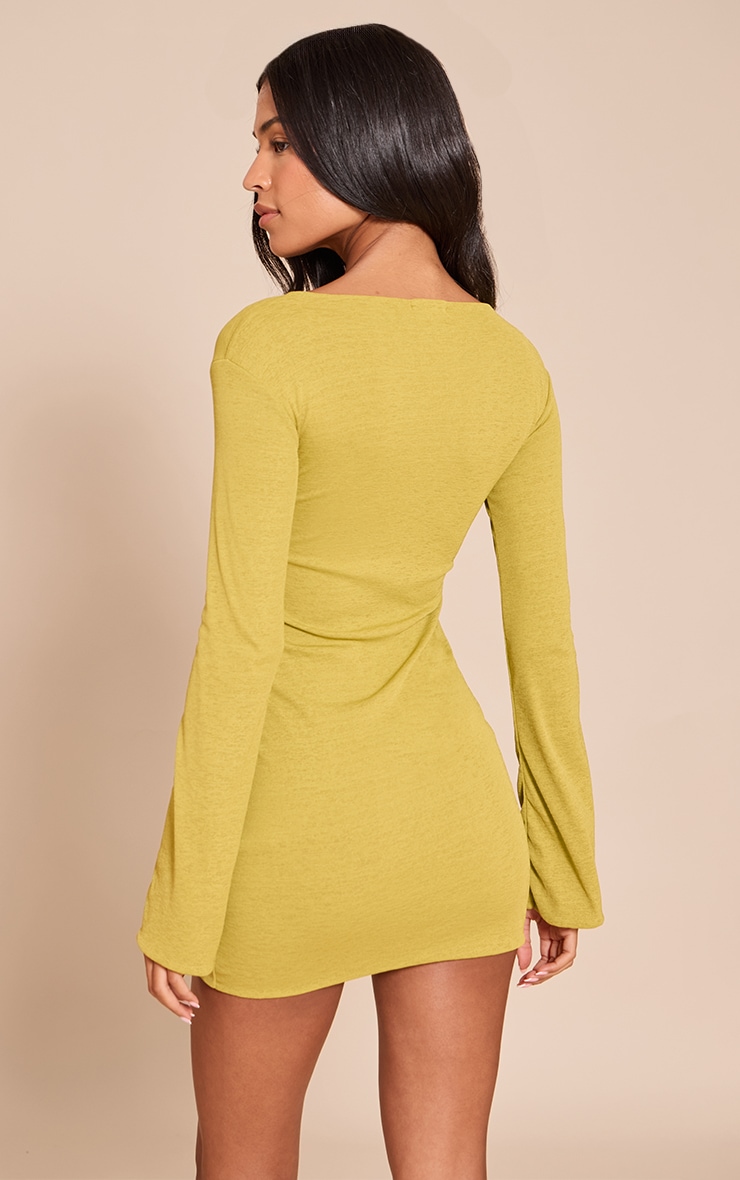 Tall Olive Onion Skin Boat Neck Flute Sleeve Mini Dress image 2