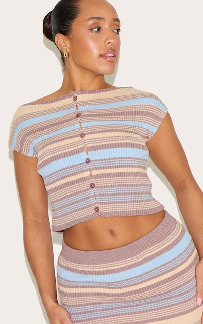 Shape Powder Blue Knitted Striped Button Front Boat Neck Top