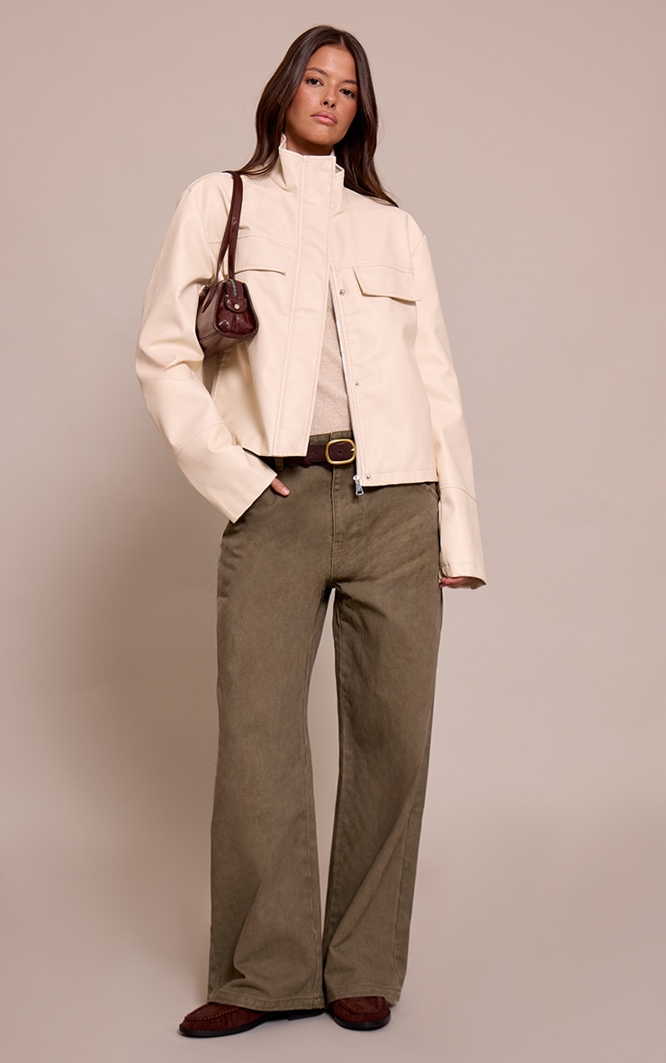 Cream Faux Leather Funnel Neck Jacket image 3