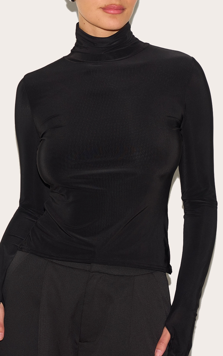 Black Slinky High Neck Thumb Detail Long Sleeve Top image 4