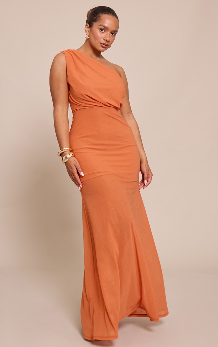 Shape orange ruched one shoulder fishtail maxi dress image 3