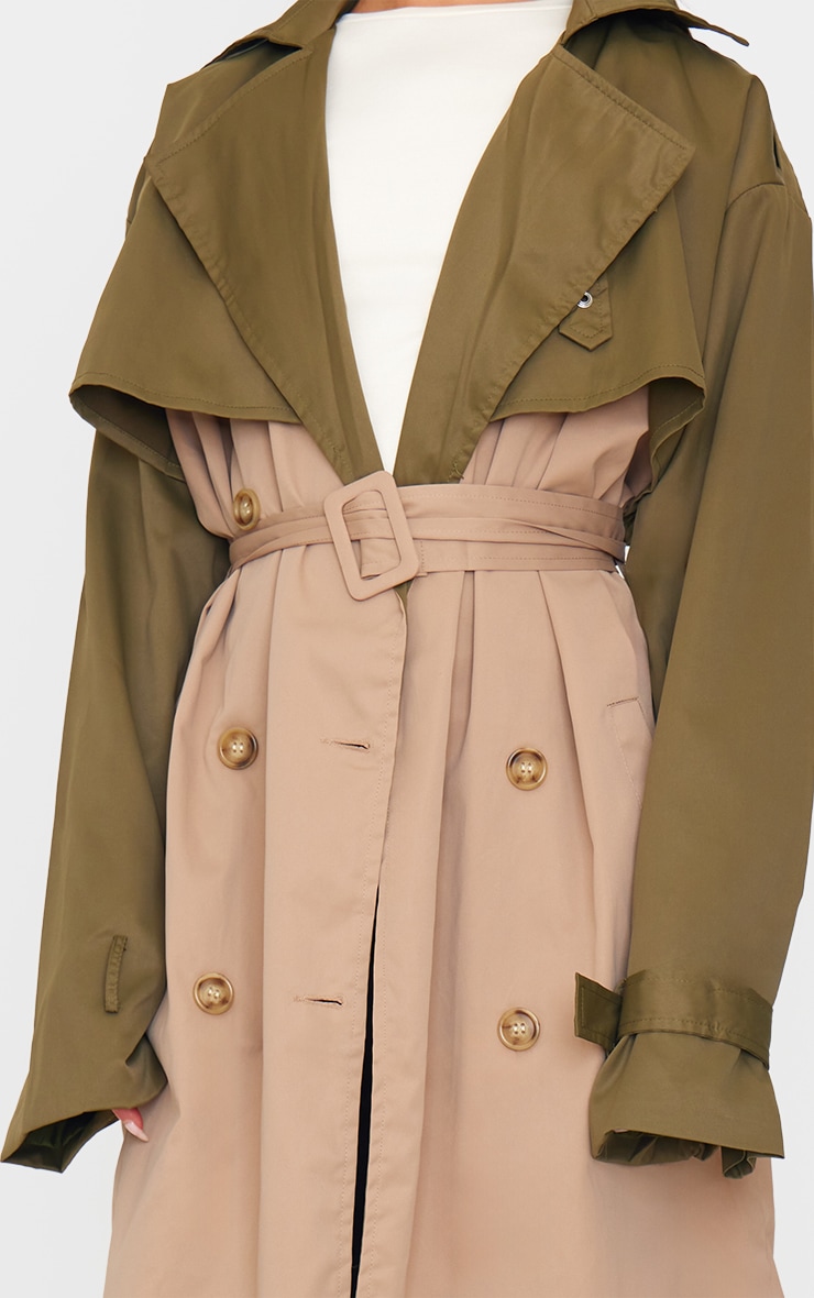 Khaki Contrast Oversized Belted Midi Trench Coat image 4