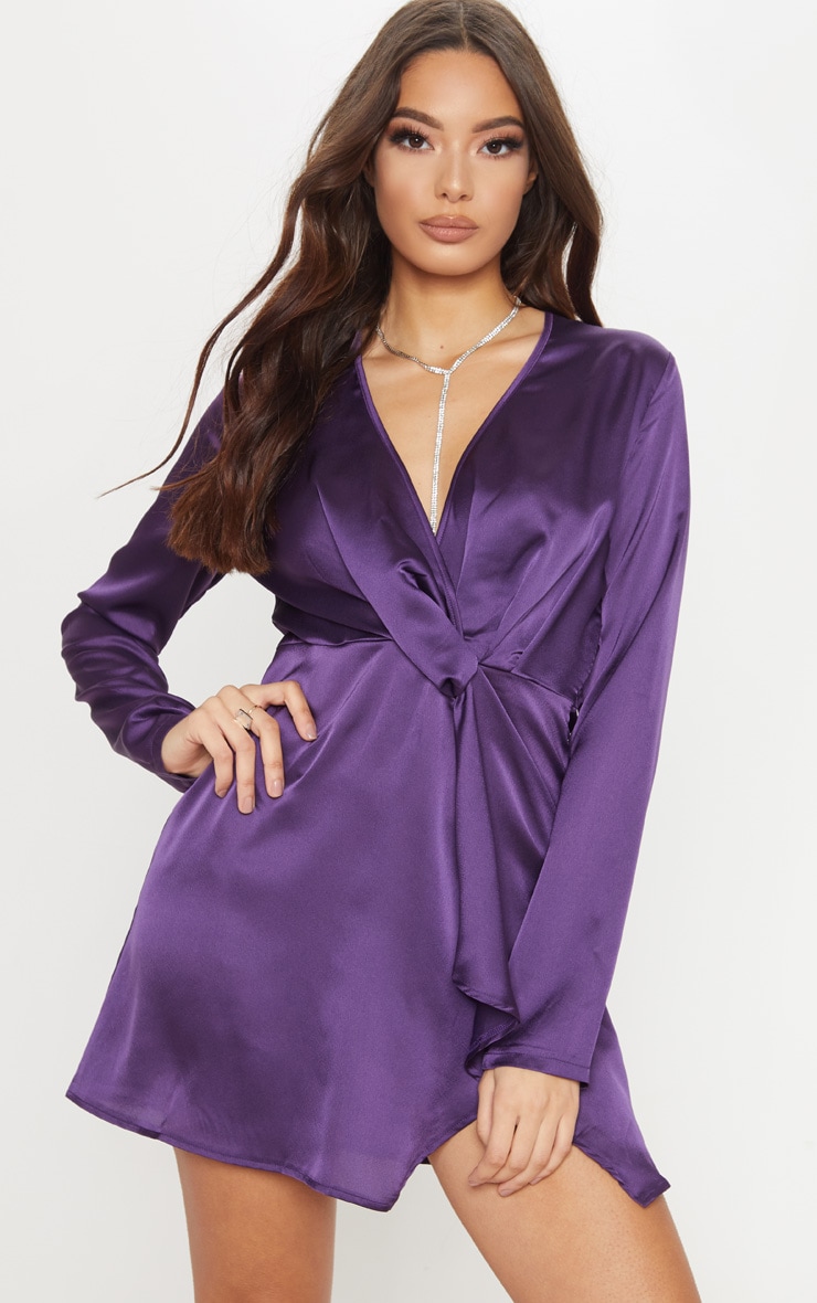 Plum Satin Long Sleeve Wrap Shift Dress PrettyLittleThing