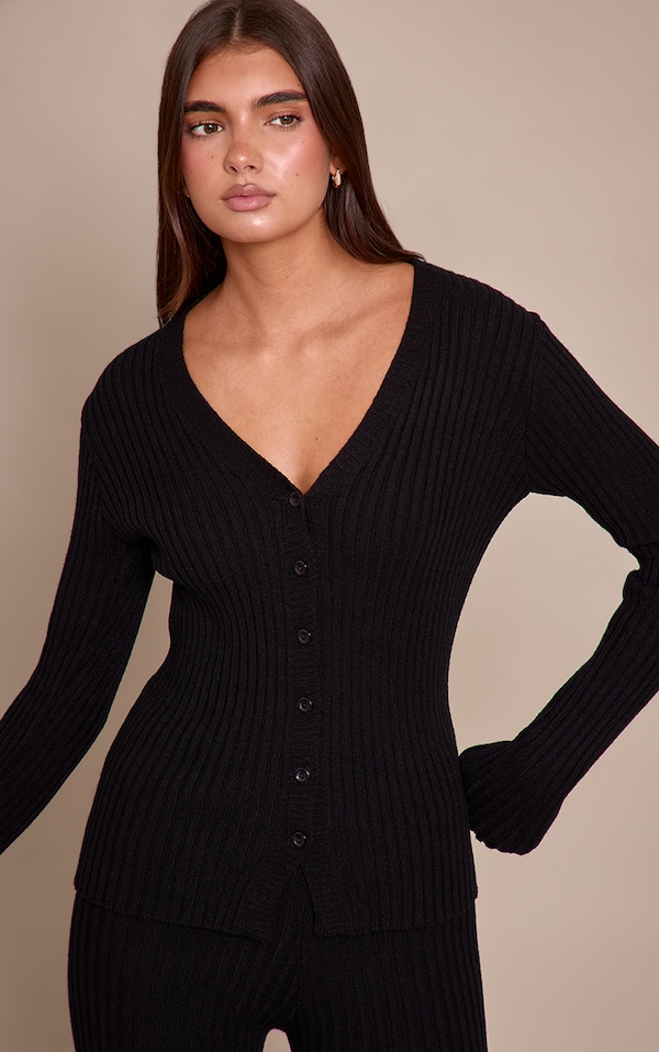 Black Ribbed Knitted Long Sleeve Button Down Cardigan