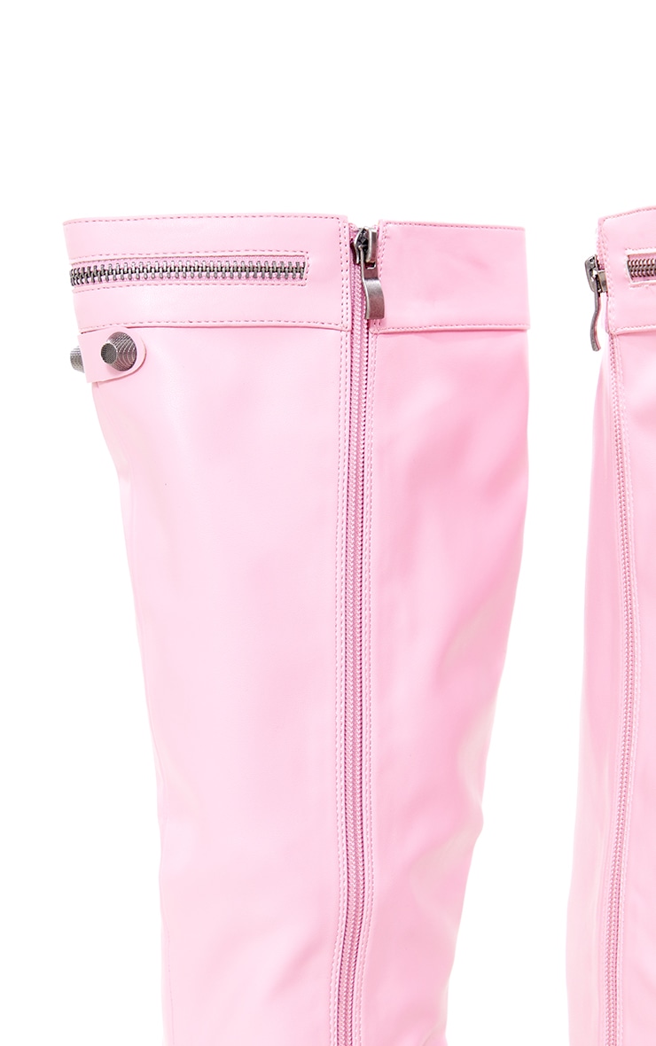 Pink PU Zip Detail Point Toe Mid Heeled Knee Boots image 3