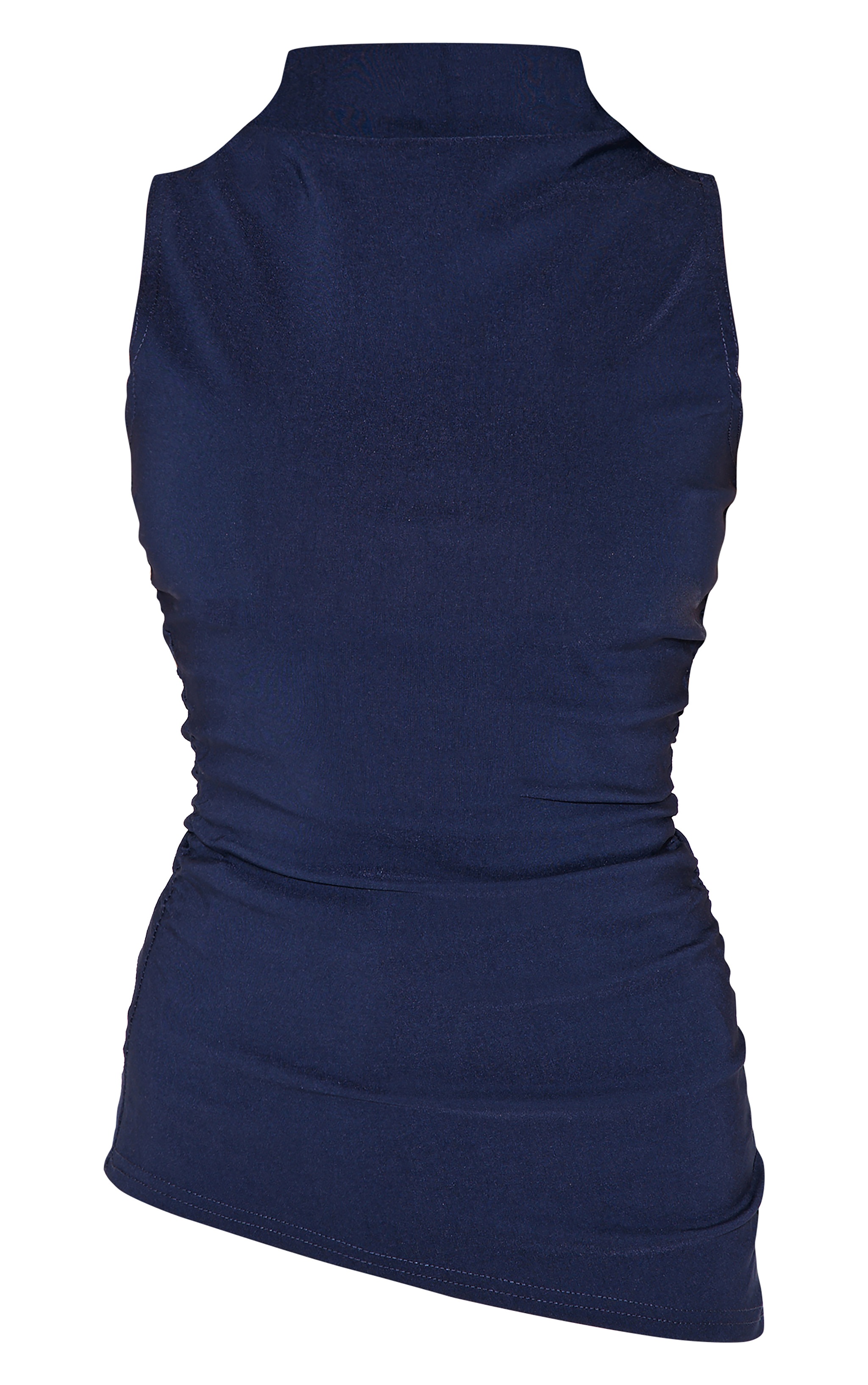 Navy High Neck Ruched Asymmetrical Long Top image 5