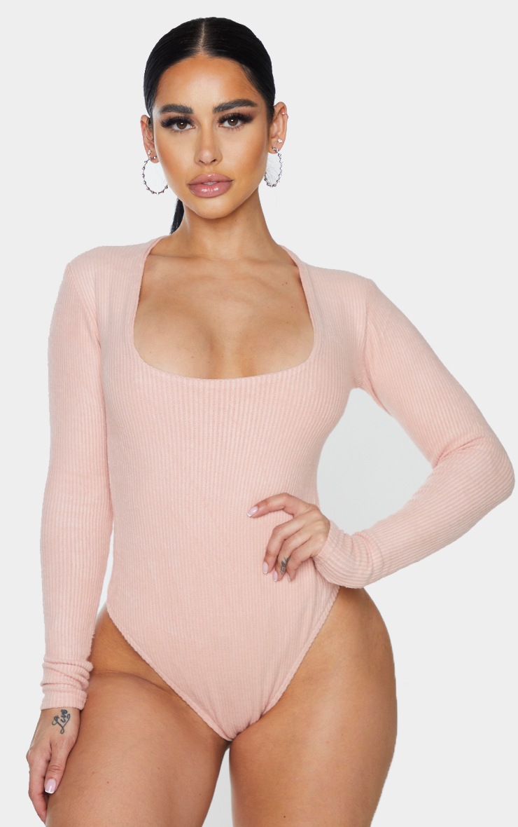 Shape Pink Brushed Rib Long Sleeve Square Neck Bodysuit