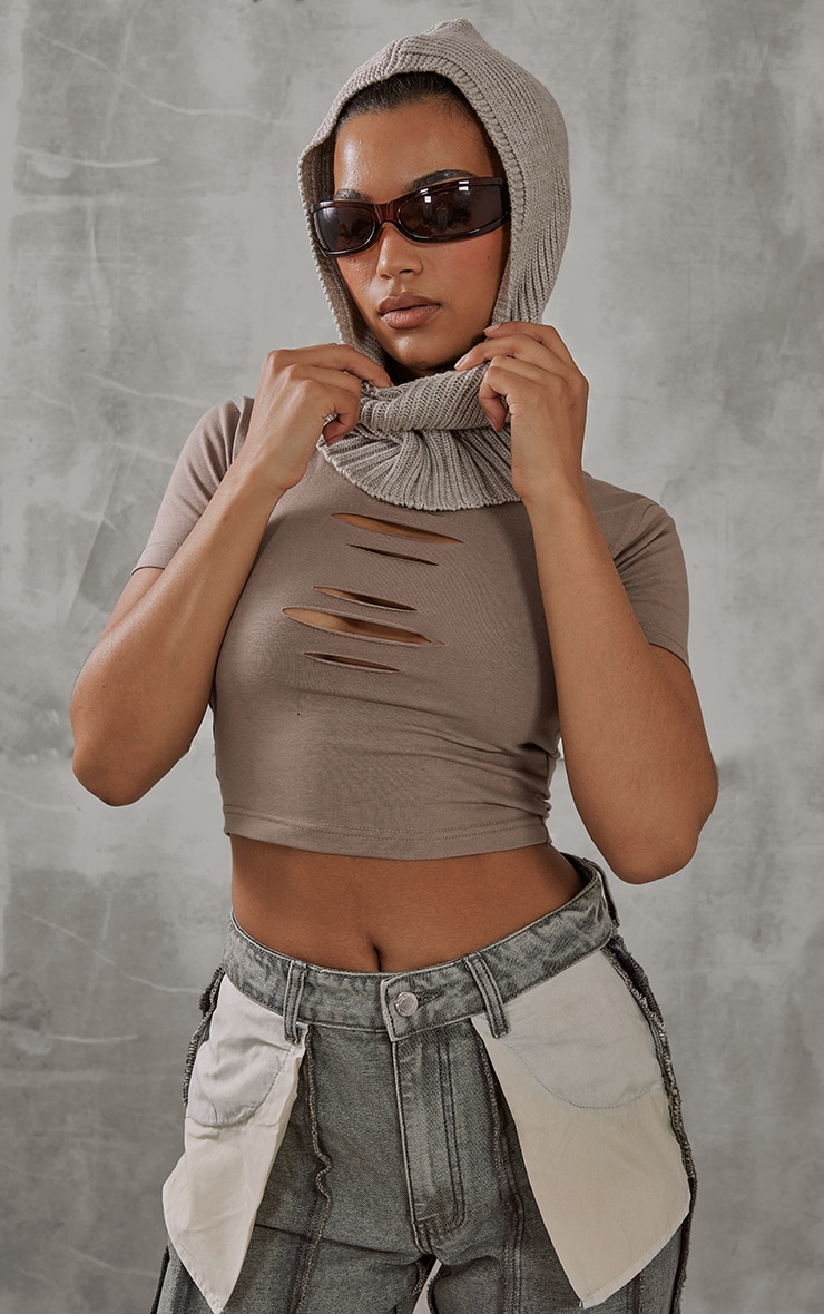 Taupe Slash Front Babydoll T Shirt image 1