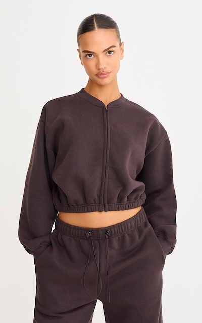Dark Chocolate Drawcord Waist Cropped Zip Up Sweatshirt