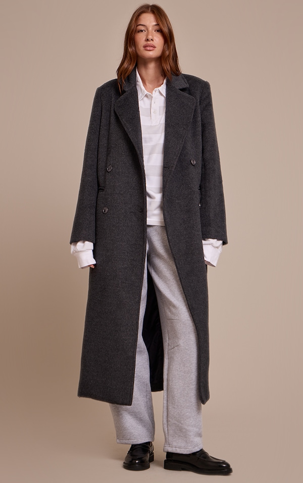 Dark Grey Structured Double Breasted Wool Look Maxi Coat