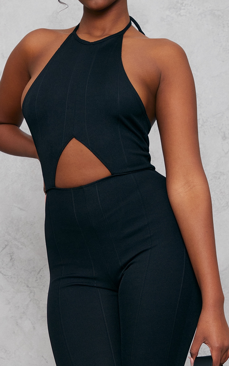 Black Bandage Rib Halterneck Cut Out Jumpsuit image 4