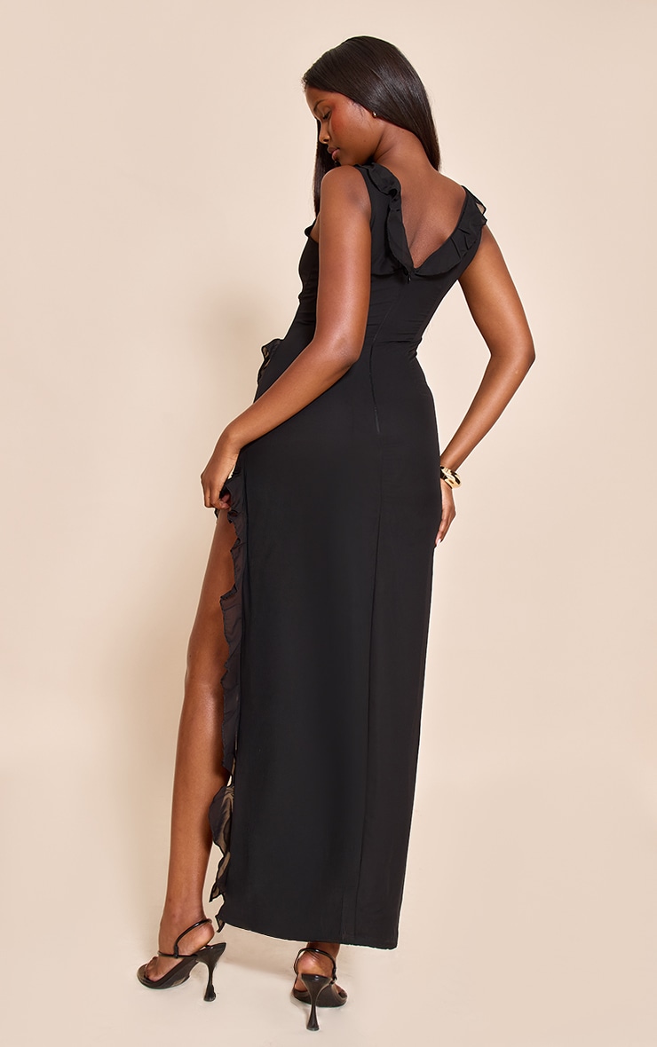 Black Asymmetric Frill Split Maxi Dress image 2