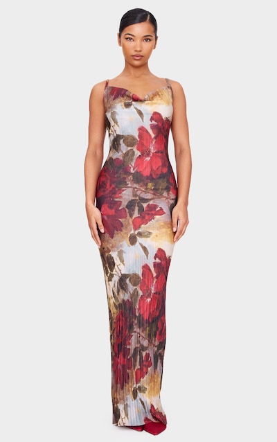 Red Floral Printed Plisse Strappy Maxi Dress