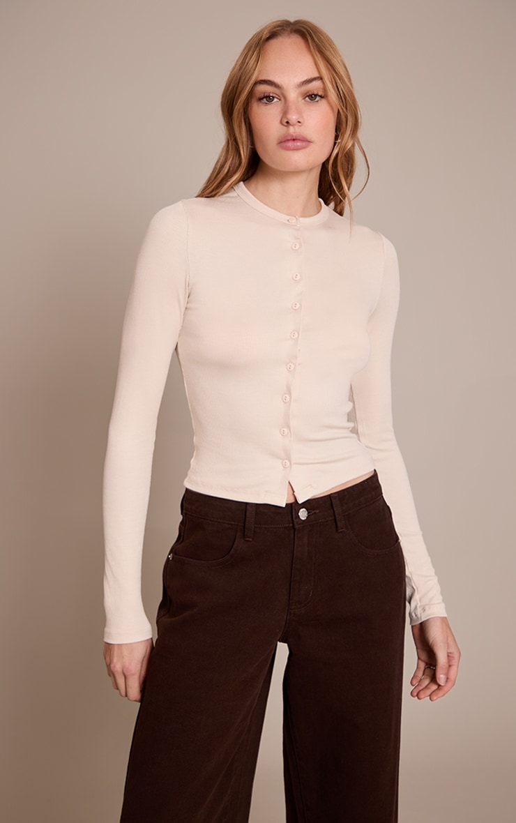 Beige Soft Rib Button Down Long Sleeve Top