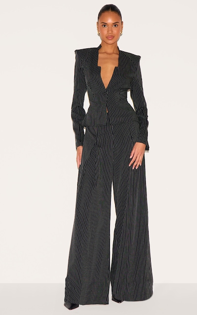 Black Pinstripe Shirt Detail Straight Leg Jumpsuit