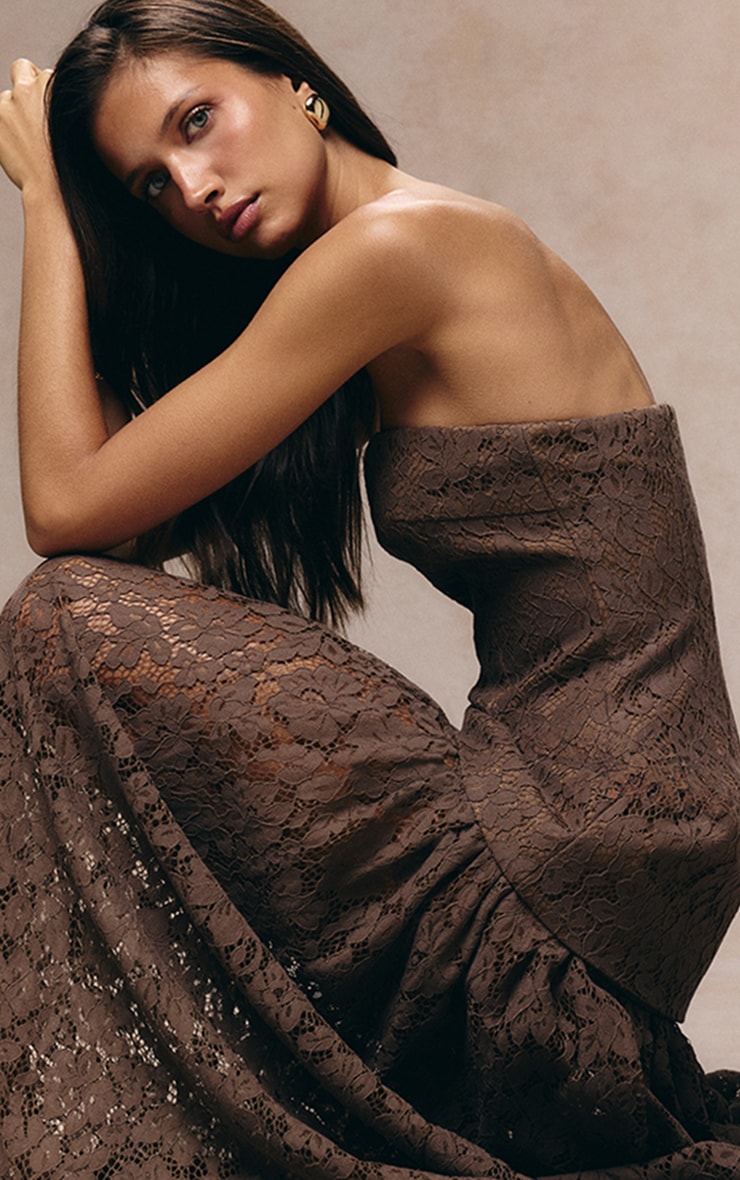 Taupe Lace Sheer Skirt Panel Bandeau Midaxi Dress image 1