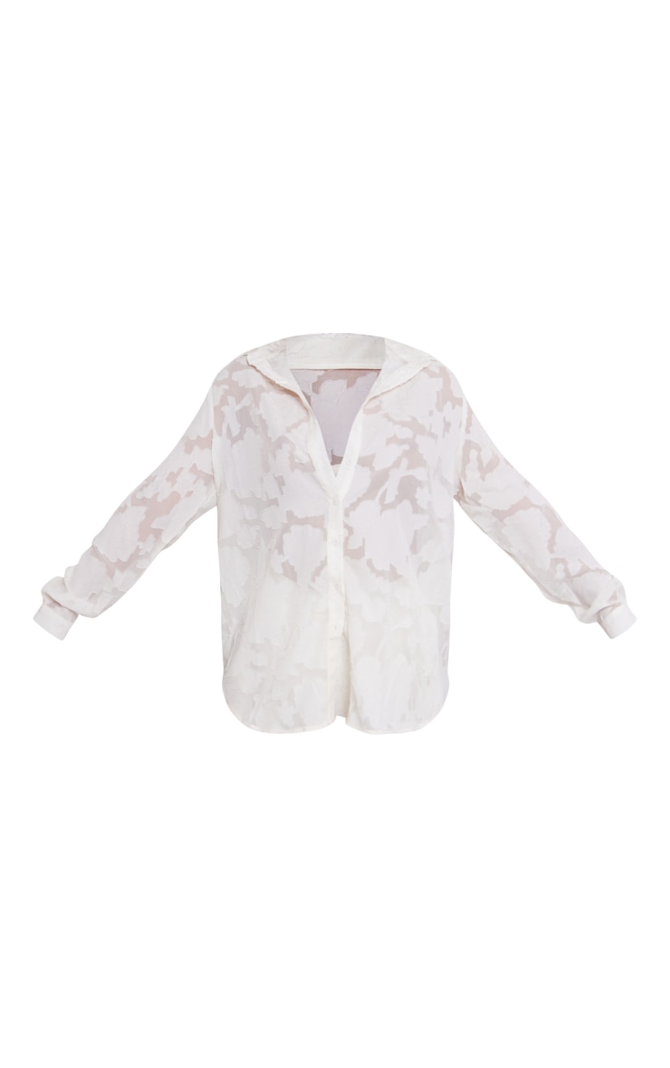 Cream Sheer Floral Textured Long Sleeve Oversized Shirt image 5