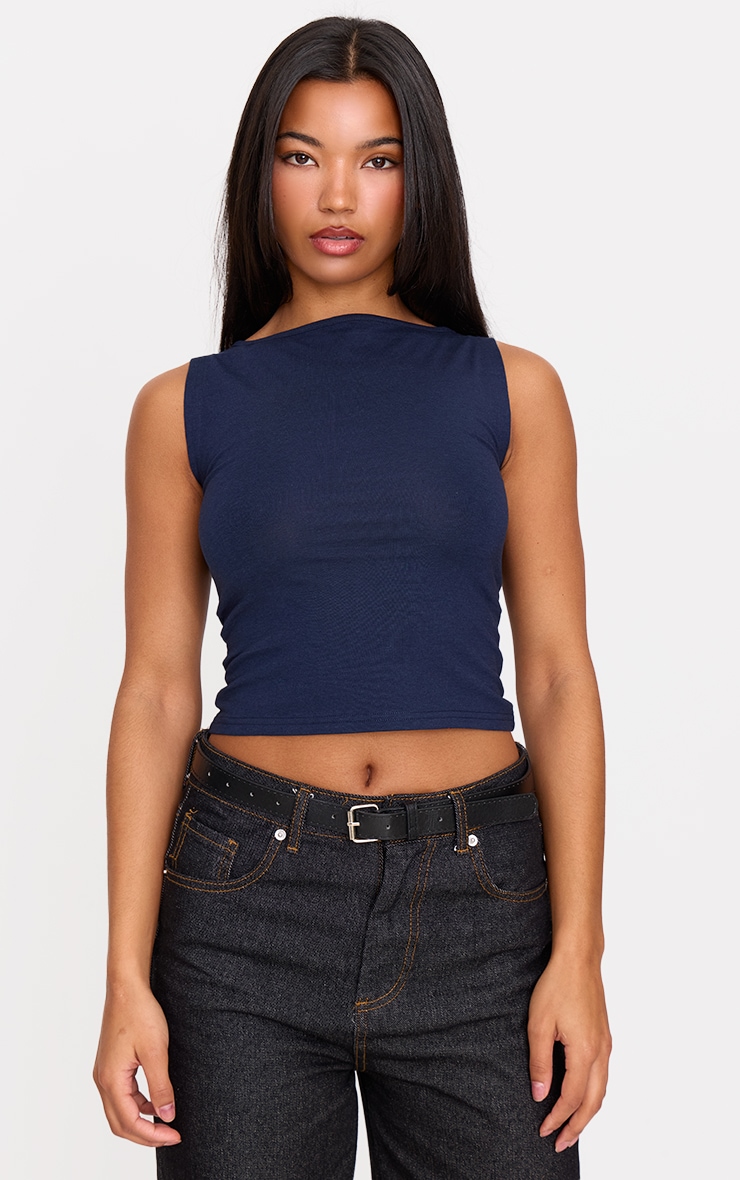 Dark Blue Modal Cotton Boatneck Long Top image 1