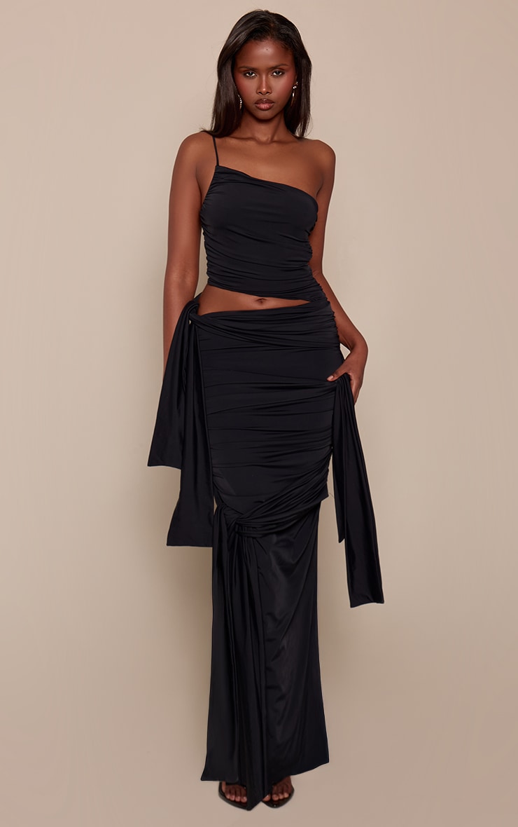 Black Slinky Jersey Knot Detail Cut Out One Shoulder Maxi Dress image 1