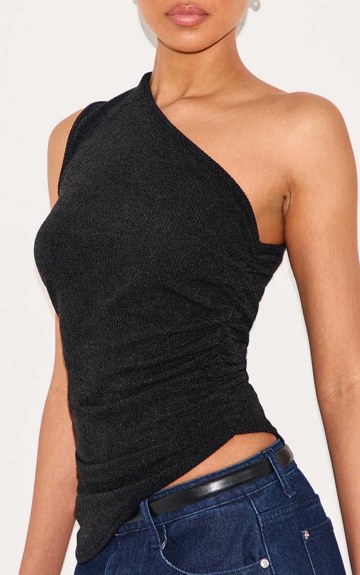 Top long asymétrique texturé noir à épaule unique image 4