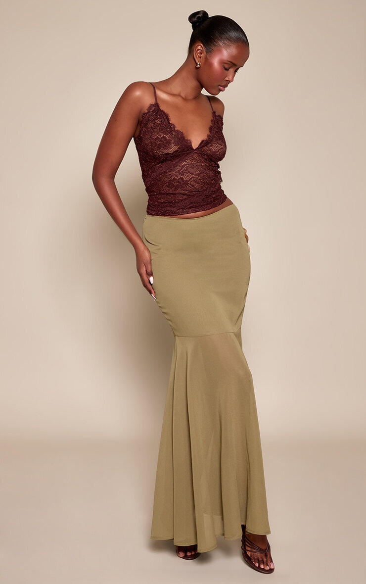 Dark Olive Chiffon Fishtail Maxi Skirt