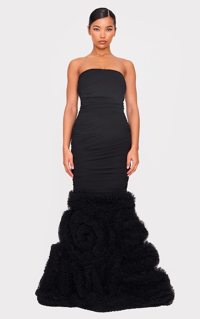 Black Extreme Ruffle Hem Bandeau Maxi Dress