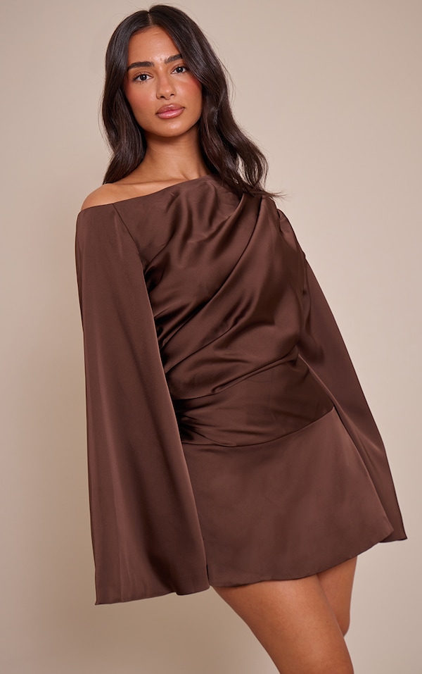 Petite Chocolate Off Shoulder Tailored Woven Mini Dress