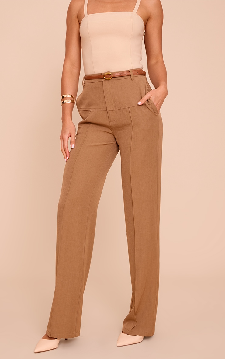 Tall Brown Tailored Thick Belted Waistband Detail Wide Leg Pants image 2