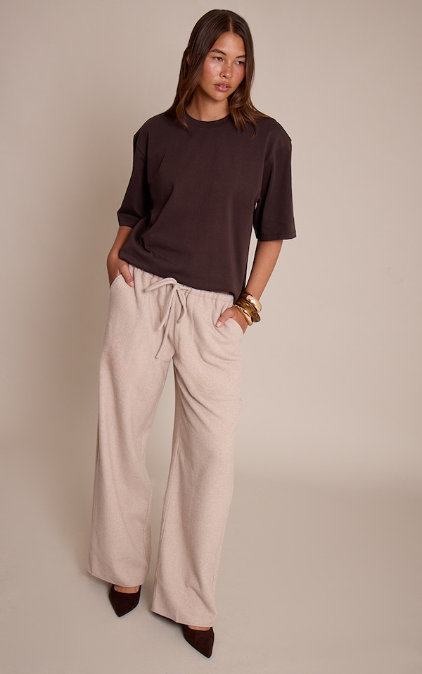 Sand Herringbone Brushed Drawstring Low Rise Pants