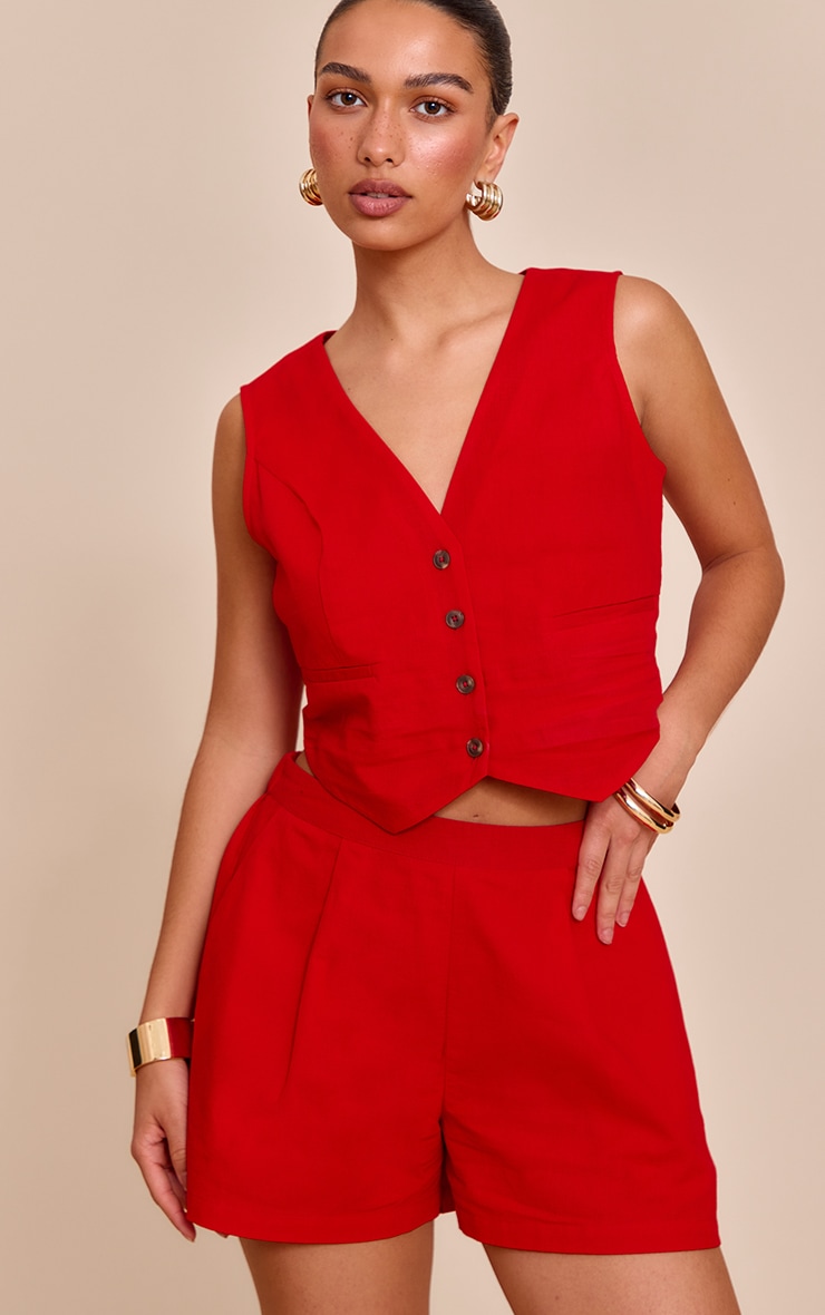 Tomato Red Linen Look Oversized Detail Floaty Short image 1