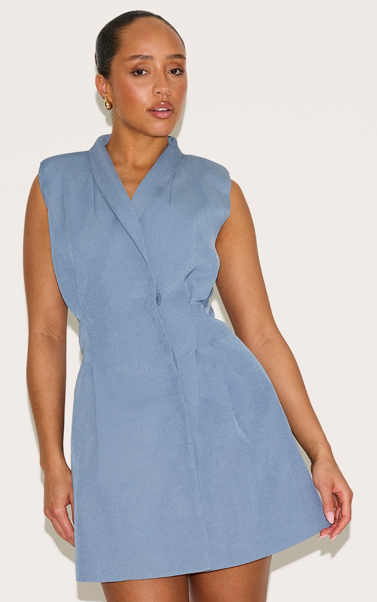 Shape Sky Blue Cross Over Cinched Waist Sleevless Blazer Dress image 1