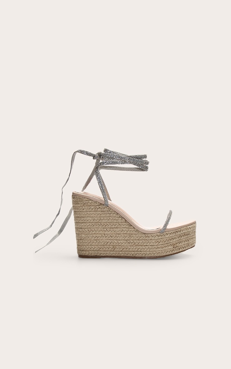 Silver Pu Round Toe Diamante Strappy Heeled Wedges image 2
