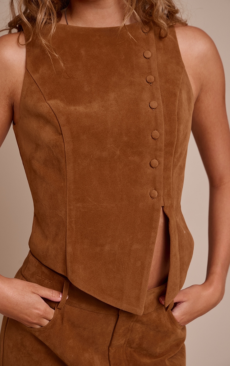Camel Faux Suede Asymmetric Button Detail Vest image 4