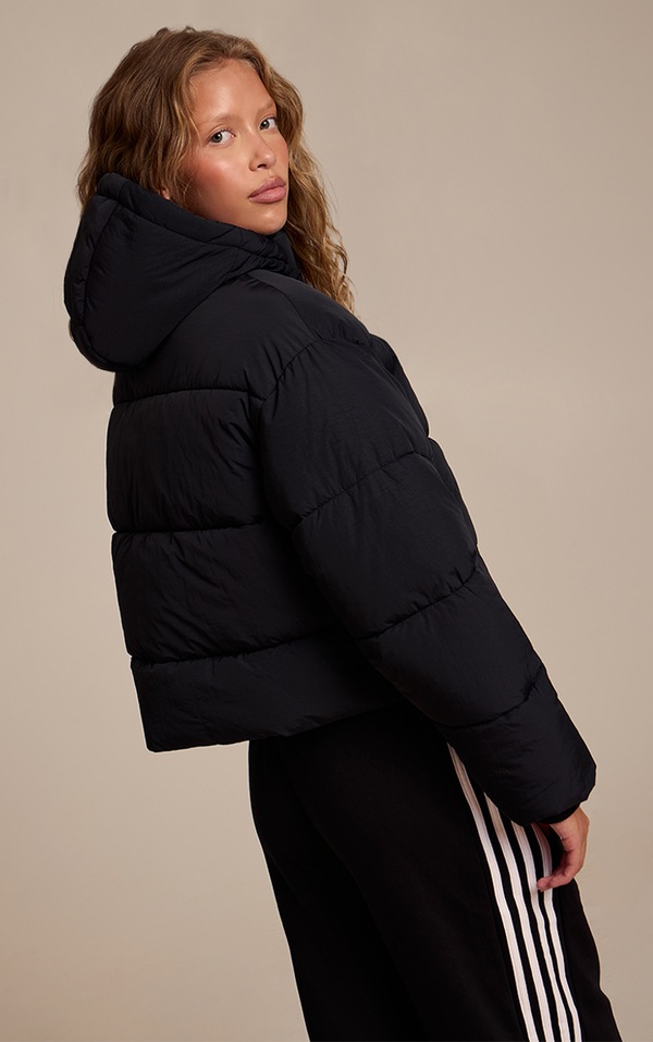 Black Cropped Drawstring Puffer Jacket Outerwear Plt
