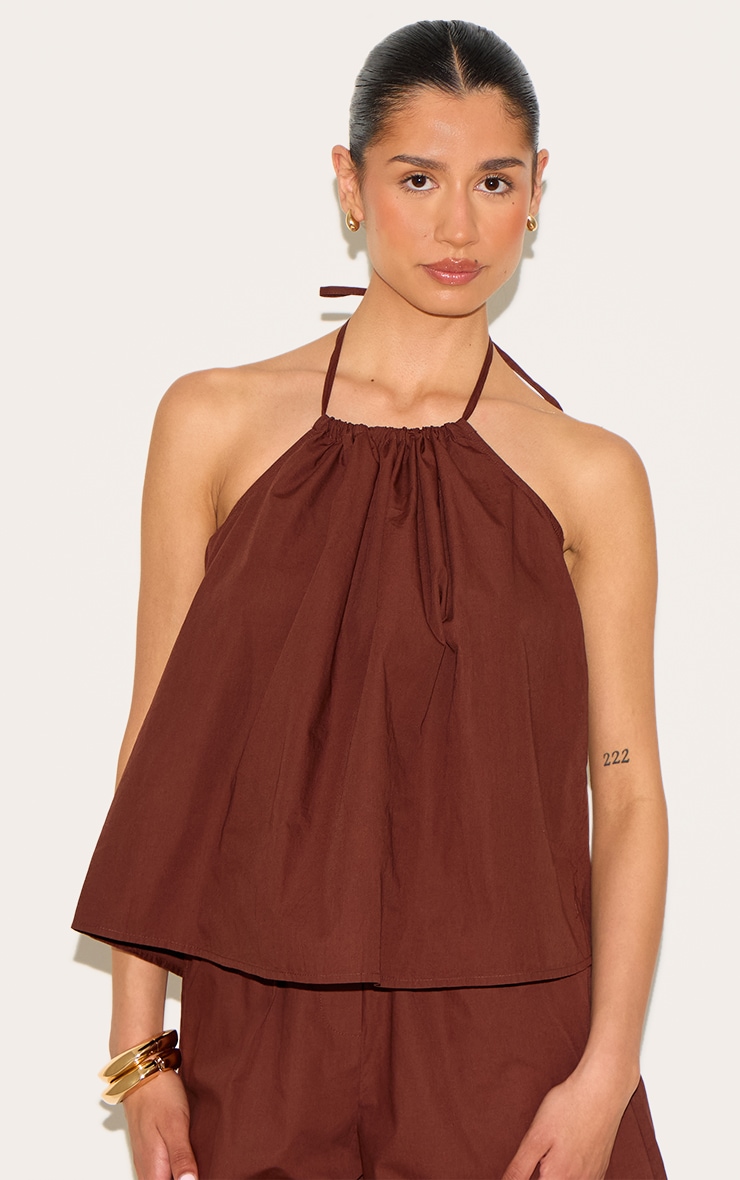 Tall Chocolate Poplin Low Back Halterneck Top image 1