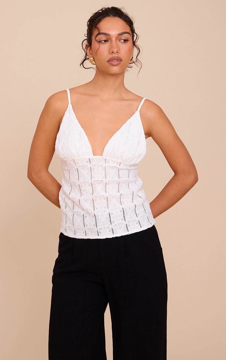 White Crochet Textured Cami Top image 1