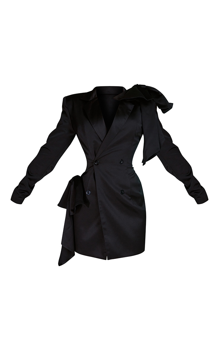 Black Bow Shoulder Satin Blazer Dress image 5