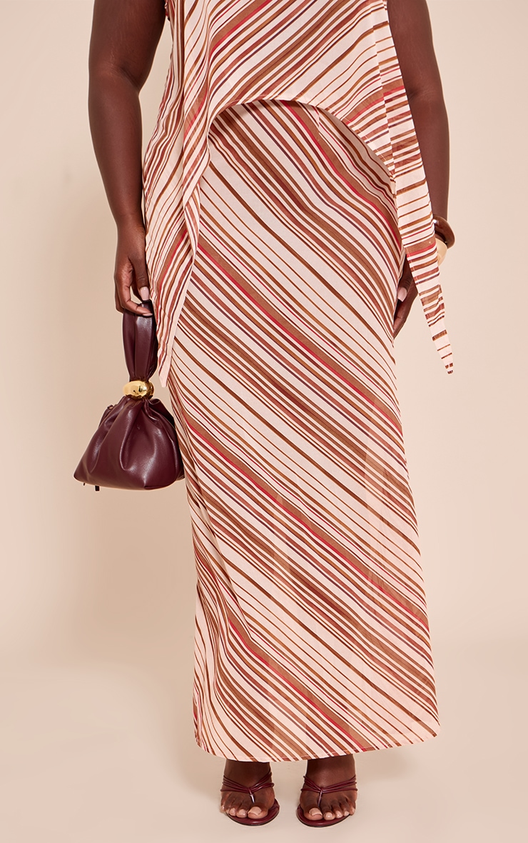 Plus Jupe longue en mousseline de soie marron à rayures et taille mi-haute image 2