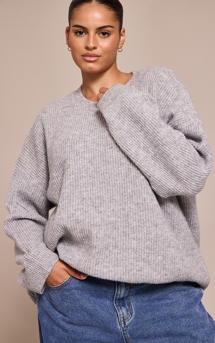 Plus Ash Grey Round Neck Knit Raglan Sleeve Sweater image 4